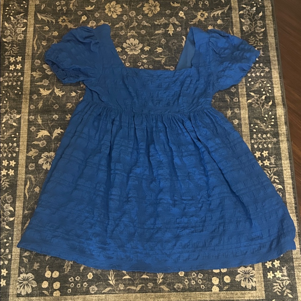 Pink Lily Blue Textured Puff Sleeve Babydoll Top
